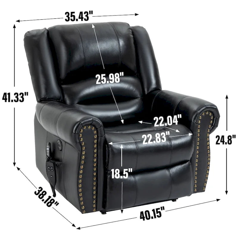 Fauteuil inclinable électrique en cuir véritable marron avec double moteur, massage chauffant, ports USB et inclinaison infinie