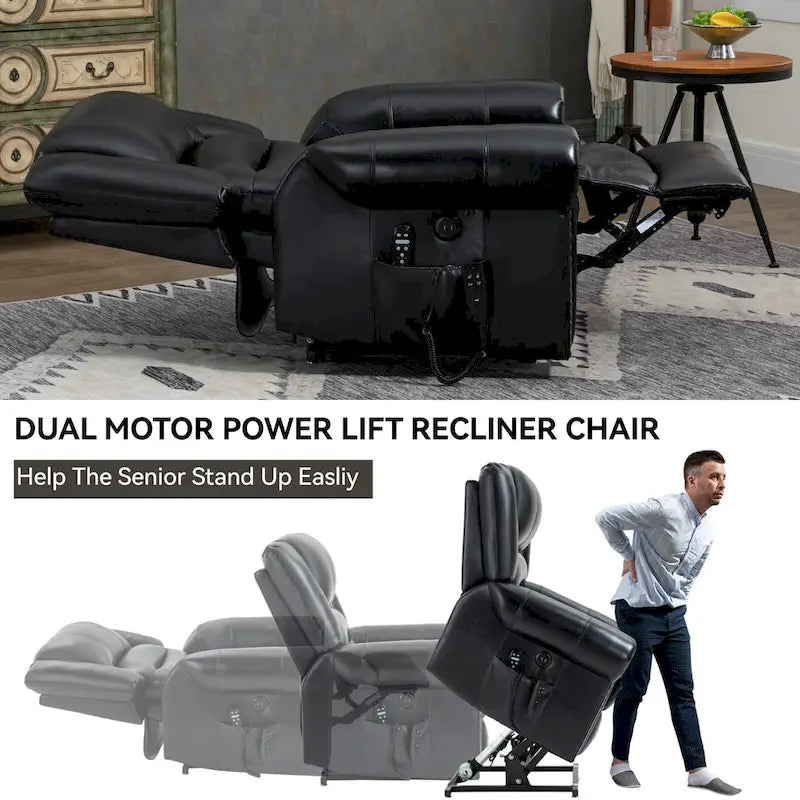 Fauteuil inclinable électrique en cuir véritable marron avec double moteur, massage chauffant, ports USB et inclinaison infinie
