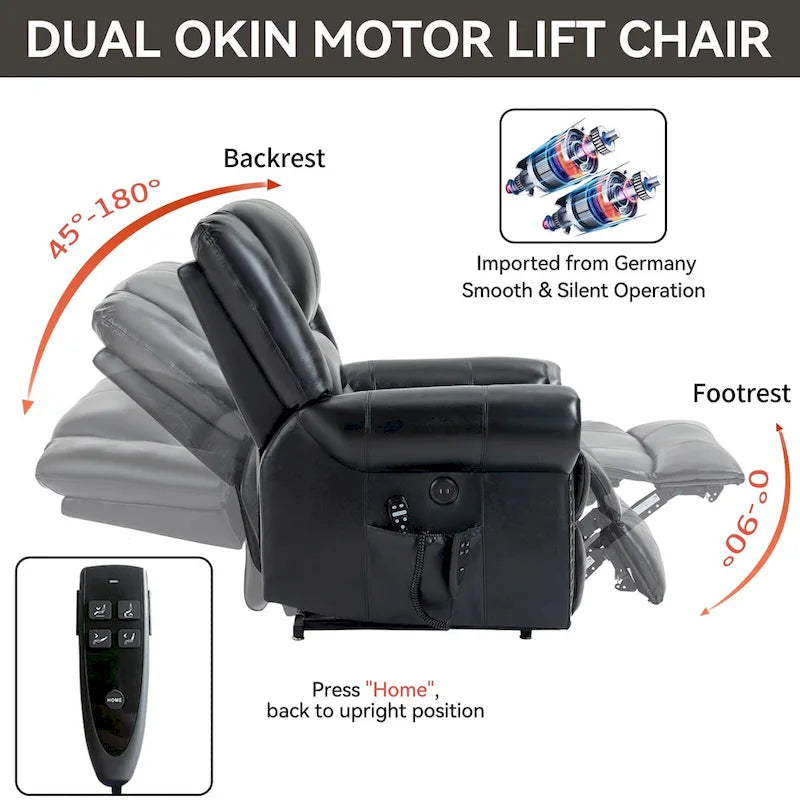 Fauteuil inclinable électrique en cuir véritable marron avec double moteur, massage chauffant, ports USB et inclinaison infinie
