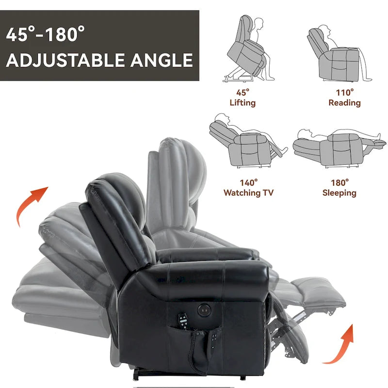 Fauteuil inclinable électrique en cuir véritable marron avec double moteur, massage chauffant, ports USB et inclinaison infinie