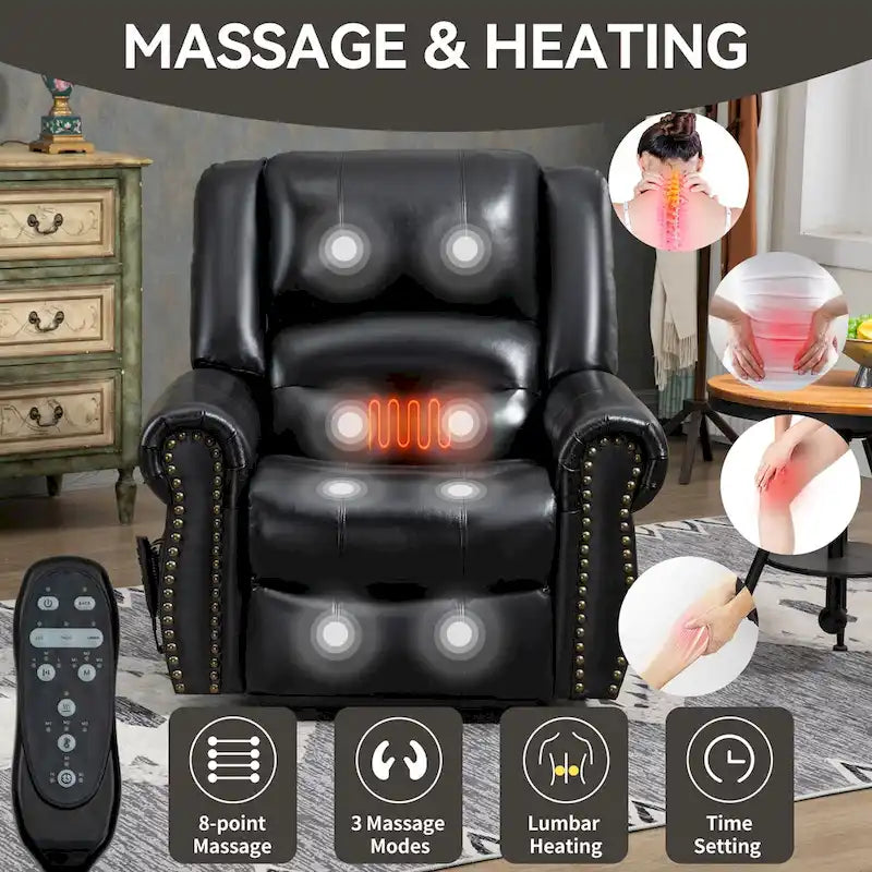 Fauteuil inclinable électrique en cuir véritable marron avec double moteur, massage chauffant, ports USB et inclinaison infinie