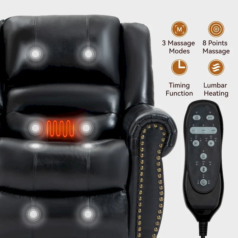 Fauteuil inclinable électrique en cuir véritable marron avec double moteur, massage chauffant, ports USB et inclinaison infinie