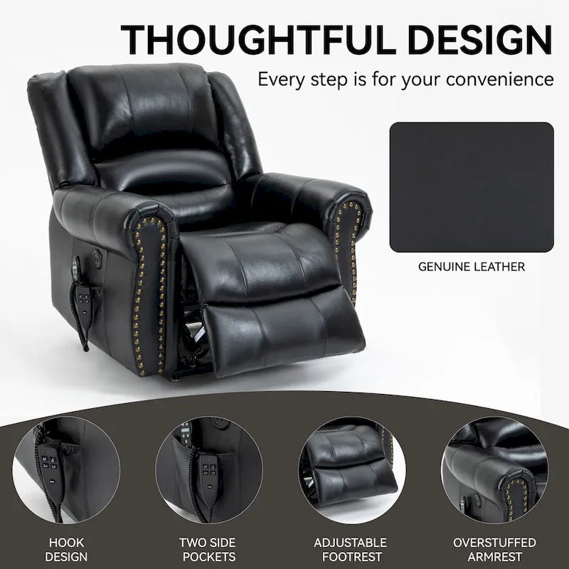 Fauteuil inclinable électrique en cuir véritable marron avec double moteur, massage chauffant, ports USB et inclinaison infinie
