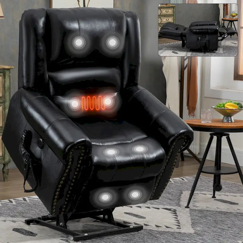Fauteuil inclinable électrique en cuir véritable marron avec double moteur, massage chauffant, ports USB et inclinaison infinie
