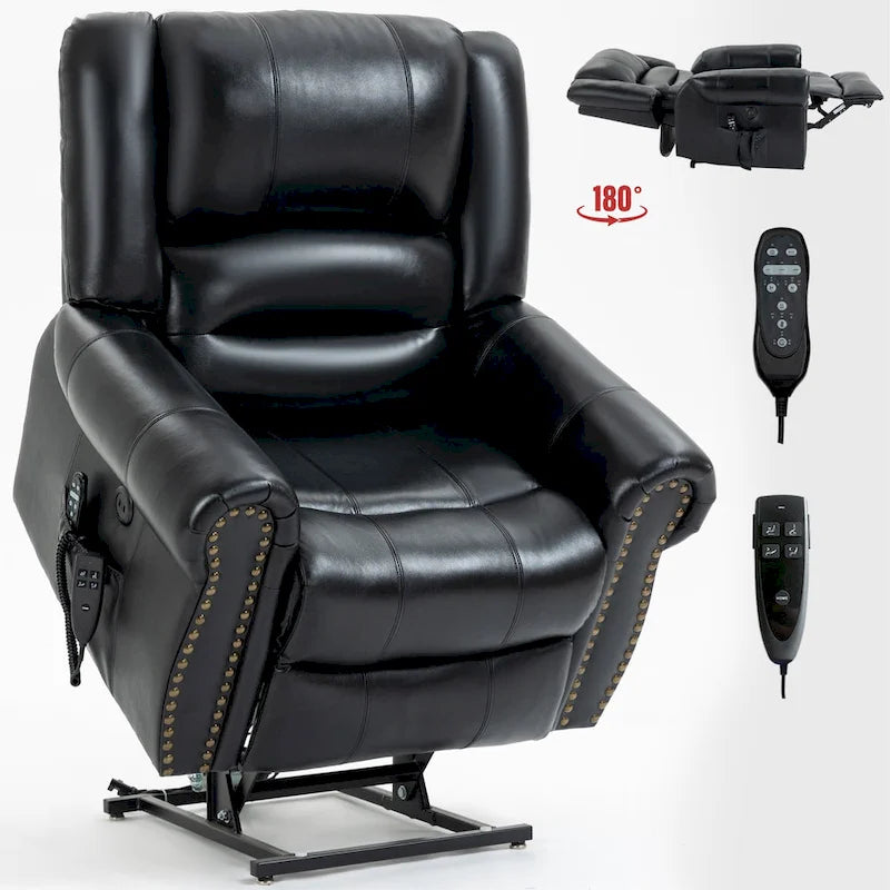 Fauteuil inclinable électrique en cuir véritable marron avec double moteur, massage chauffant, ports USB et inclinaison infinie