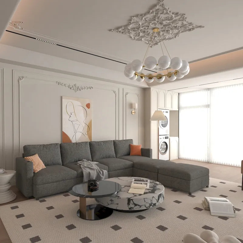 Canapé d'angle modulaire 4 places en forme de U gris 123 avec poufs de rangement, facile à monter et à transporter