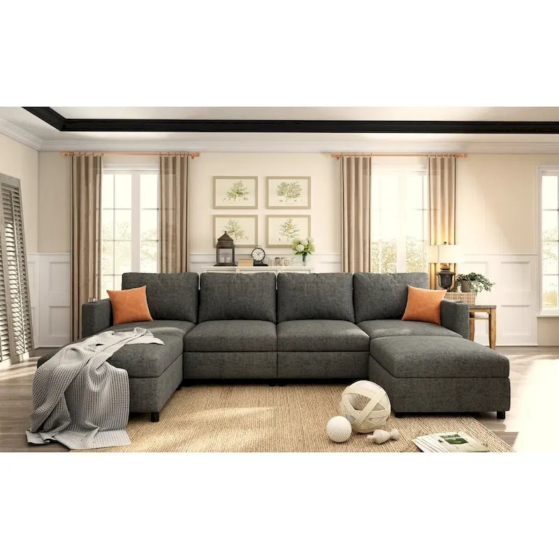 Canapé d'angle modulaire 4 places en forme de U gris 123 avec poufs de rangement, facile à monter et à transporter