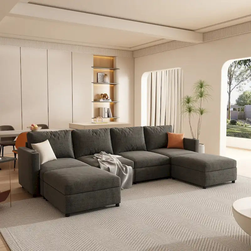 Canapé d'angle modulaire 4 places en forme de U gris 123 avec poufs de rangement, facile à monter et à transporter