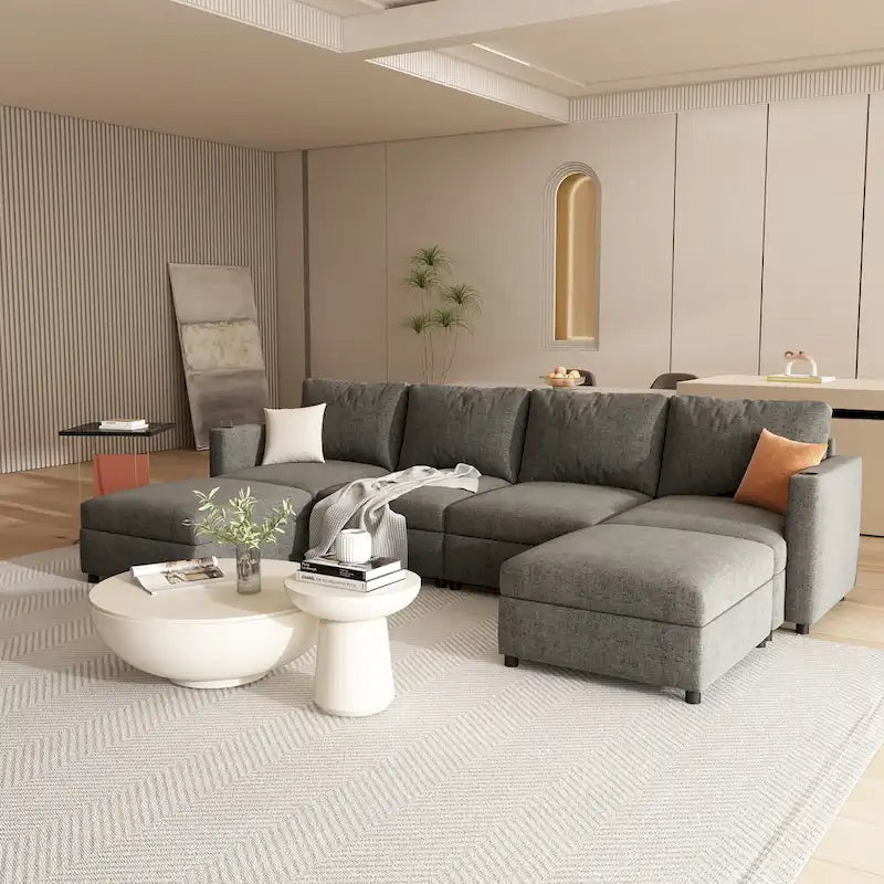 Canapé d'angle modulaire 4 places en forme de U gris 123 avec poufs de rangement, facile à monter et à transporter
