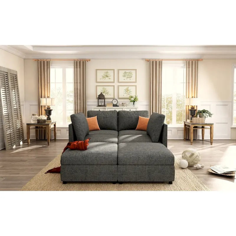Canapé d'angle modulaire 4 places en forme de U gris 123 avec poufs de rangement, facile à monter et à transporter