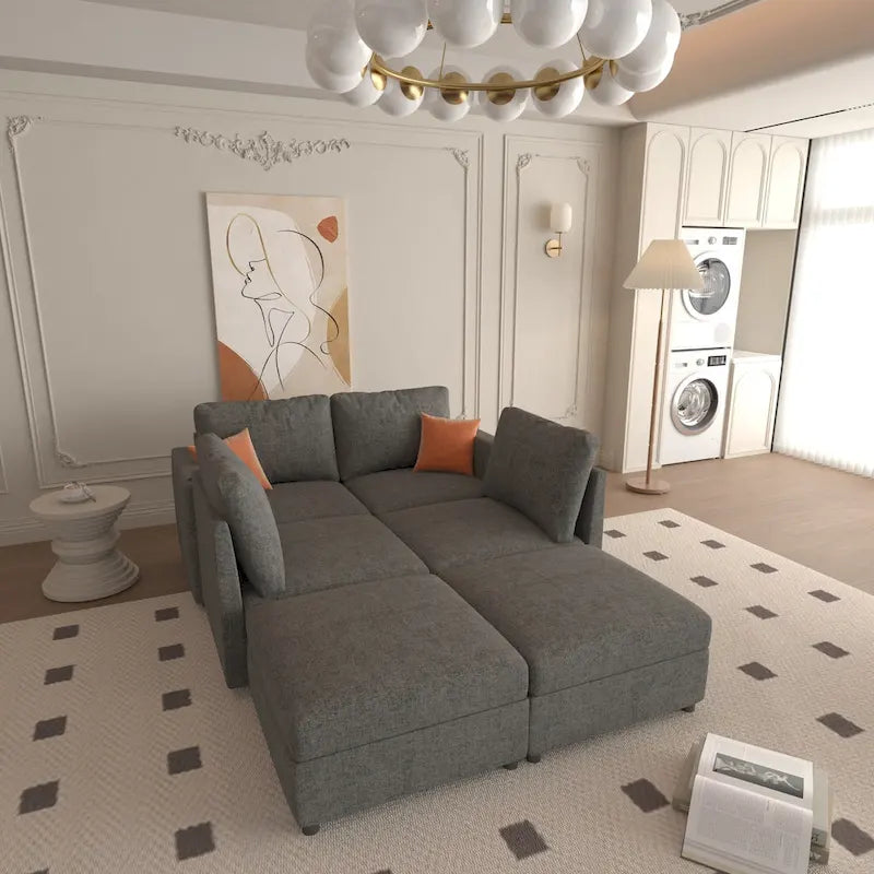 Canapé d'angle modulaire 4 places en forme de U gris 123 avec poufs de rangement, facile à monter et à transporter