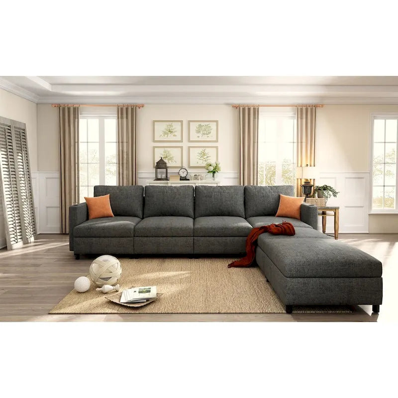 Canapé d'angle modulaire 4 places en forme de U gris 123 avec poufs de rangement, facile à monter et à transporter