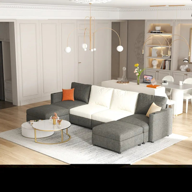 Canapé d'angle modulaire 4 places en forme de U gris 123 avec poufs de rangement, facile à monter et à transporter