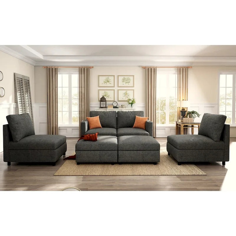Canapé d'angle modulaire 4 places en forme de U gris 123 avec poufs de rangement, facile à monter et à transporter