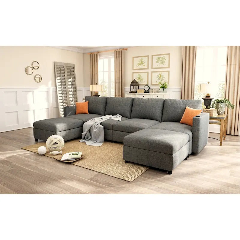 Canapé d'angle modulaire 4 places en forme de U gris 123 avec poufs de rangement, facile à monter et à transporter