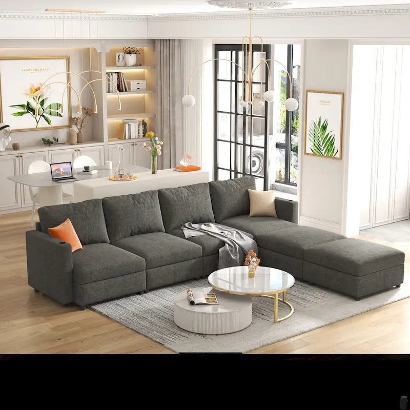 Canapé d'angle modulaire 4 places en forme de U gris 123 avec poufs de rangement, facile à monter et à transporter