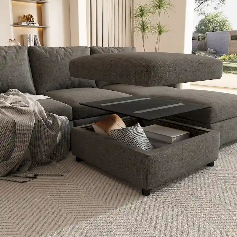 Canapé d'angle modulaire 4 places en forme de U gris 123 avec poufs de rangement, facile à monter et à transporter