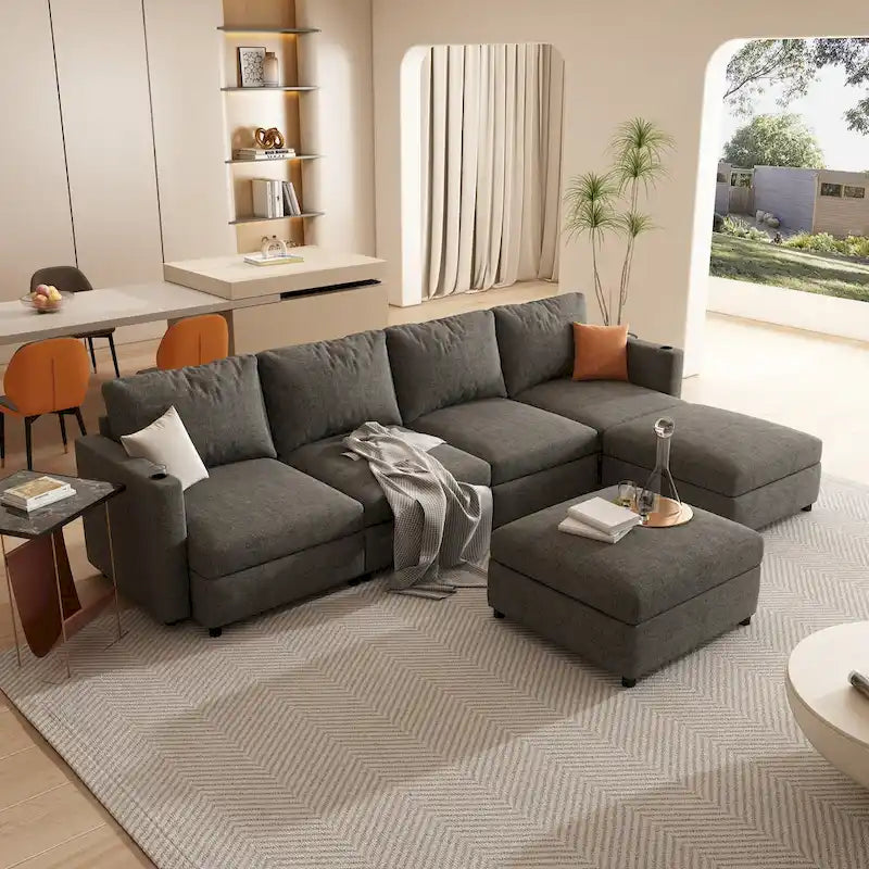 Canapé d'angle modulaire 4 places en forme de U gris 123 avec poufs de rangement, facile à monter et à transporter