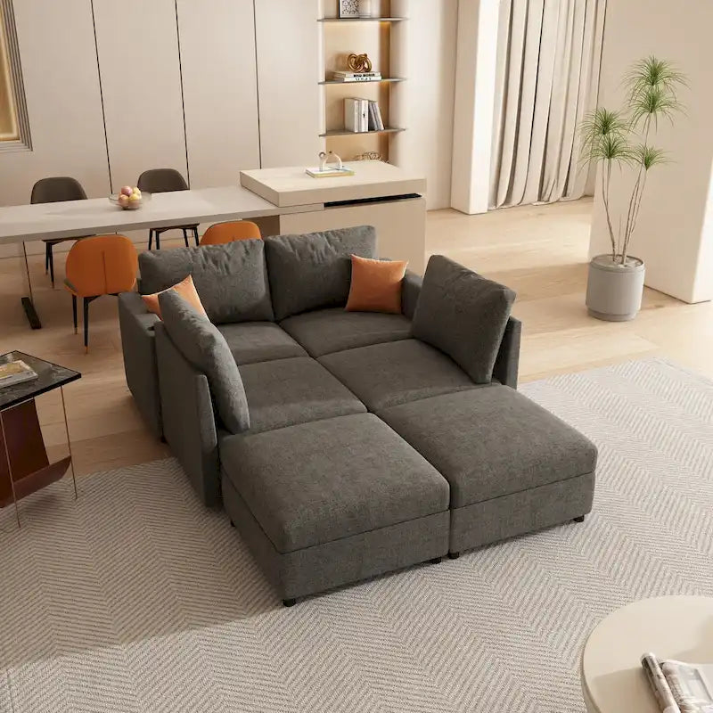 Canapé d'angle modulaire 4 places en forme de U gris 123 avec poufs de rangement, facile à monter et à transporter