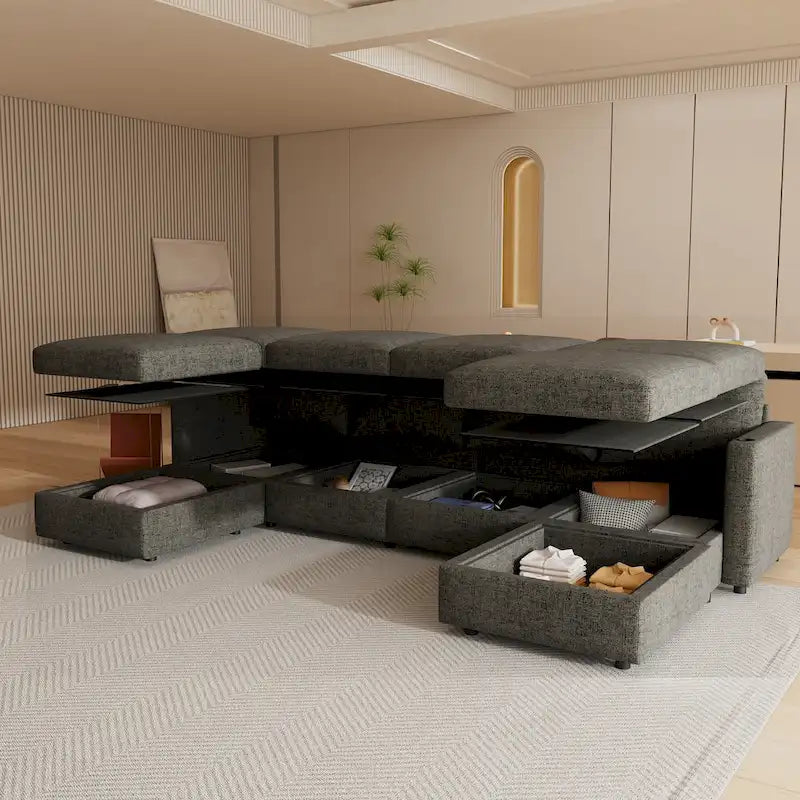 Canapé d'angle modulaire 4 places en forme de U gris 123 avec poufs de rangement, facile à monter et à transporter