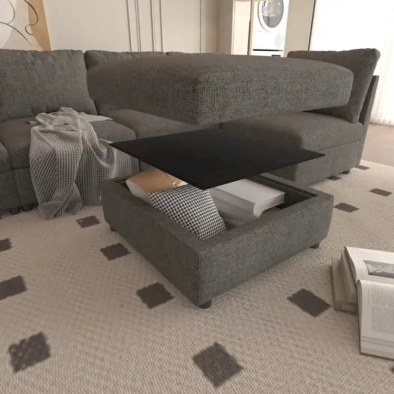 Canapé d'angle modulaire 4 places en forme de U gris 123 avec poufs de rangement, facile à monter et à transporter