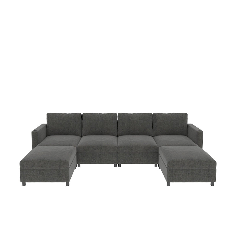 Canapé d'angle modulaire 4 places en forme de U gris 123 avec poufs de rangement, facile à monter et à transporter