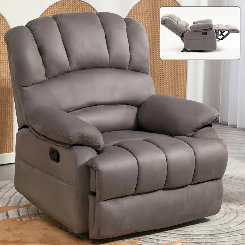 Fauteuil inclinable manuel surdimensionné marron avec inclinaison à 155°, montage facile et design généreux pour votre salon
