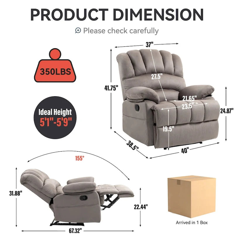 Fauteuil inclinable manuel surdimensionné marron avec inclinaison à 155°, montage facile et design généreux pour votre salon