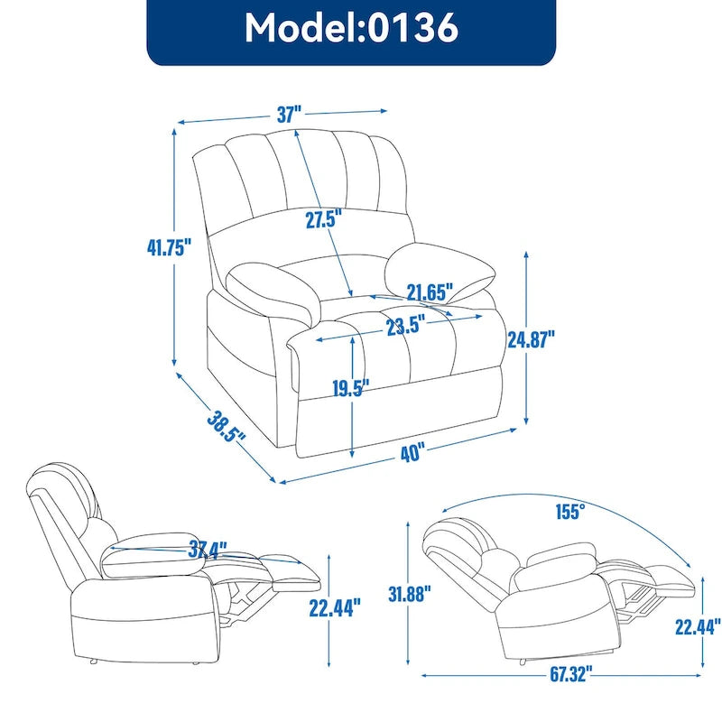 Fauteuil inclinable manuel surdimensionné marron avec inclinaison à 155°, montage facile et design généreux pour votre salon
