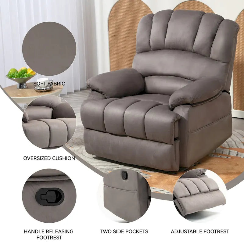 Fauteuil inclinable manuel surdimensionné marron avec inclinaison à 155°, montage facile et design généreux pour votre salon
