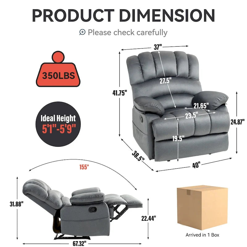 Fauteuil inclinable manuel surdimensionné marron avec inclinaison à 155°, montage facile et design généreux pour votre salon
