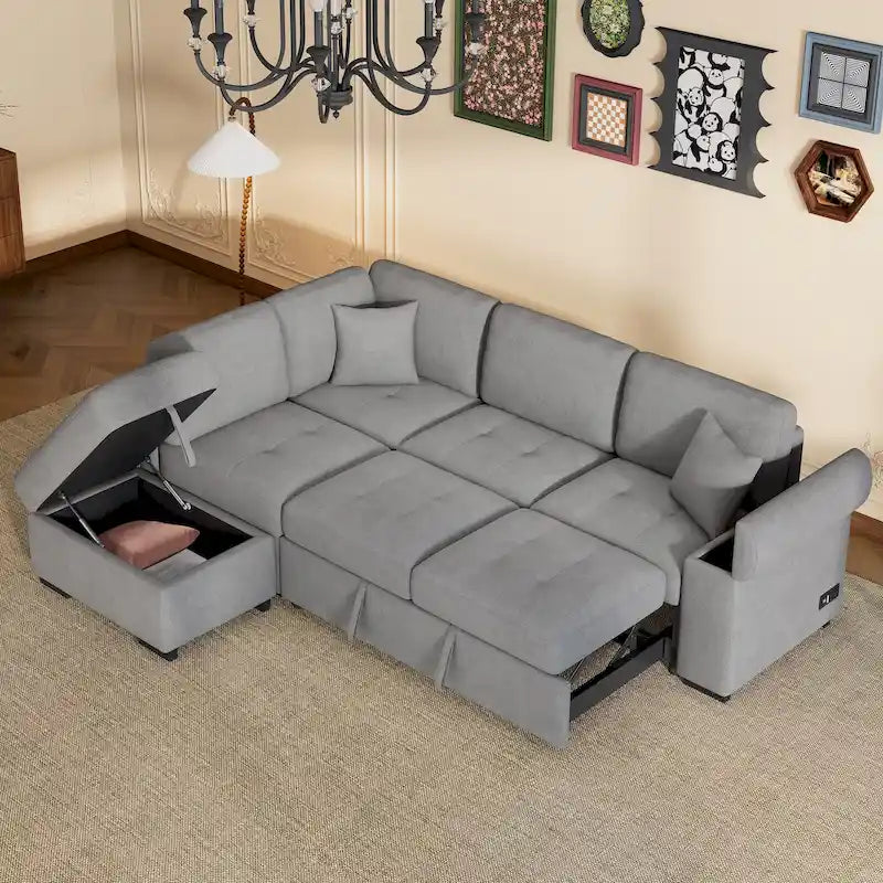 Canapé d'angle convertible 5 places en forme de L de 84,75 pouces avec pouf de rangement, rangement dissimulé dans les accoudoirs et port USB pour le salon