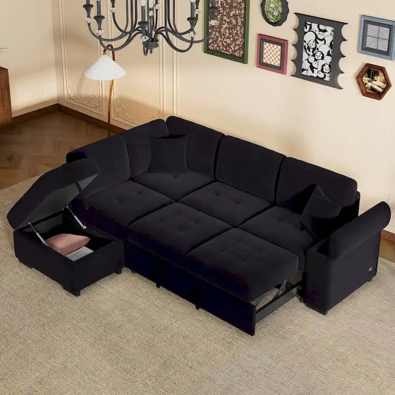 Canapé d'angle convertible 5 places en forme de L de 84,75 pouces avec pouf de rangement, rangement dissimulé dans les accoudoirs et port USB pour le salon