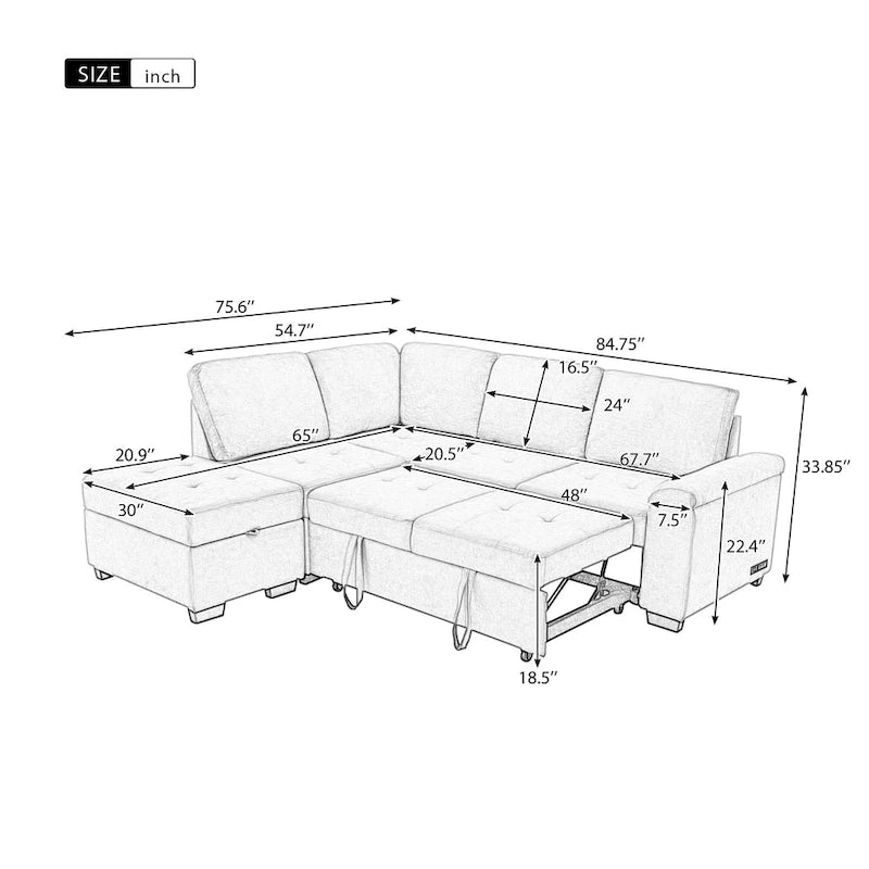 Canapé d'angle convertible 5 places en forme de L de 84,75 pouces avec pouf de rangement, rangement dissimulé dans les accoudoirs et port USB pour le salon