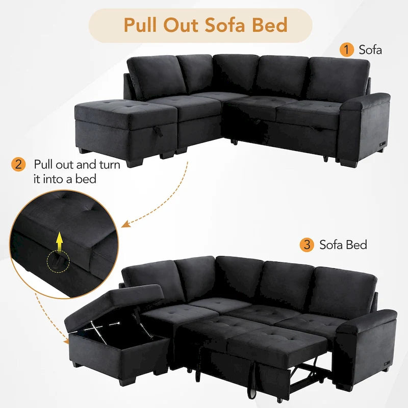 Canapé d'angle convertible 5 places en forme de L de 84,75 pouces avec pouf de rangement, rangement dissimulé dans les accoudoirs et port USB pour le salon