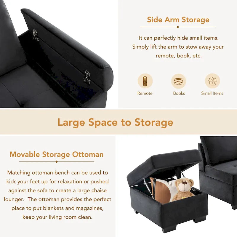 Canapé d'angle convertible 5 places en forme de L de 84,75 pouces avec pouf de rangement, rangement dissimulé dans les accoudoirs et port USB pour le salon