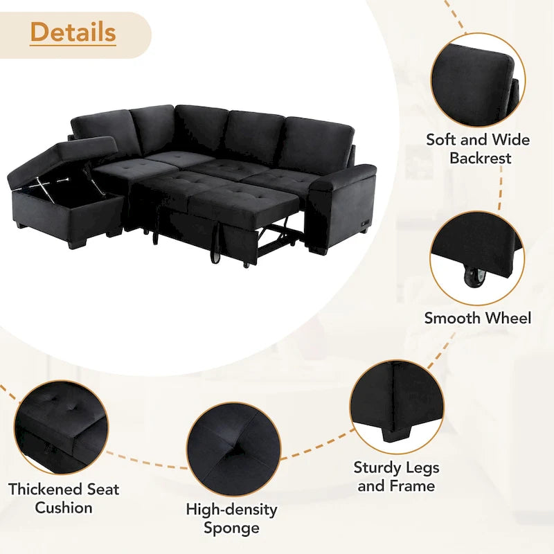 Canapé d'angle convertible 5 places en forme de L de 84,75 pouces avec pouf de rangement, rangement dissimulé dans les accoudoirs et port USB pour le salon