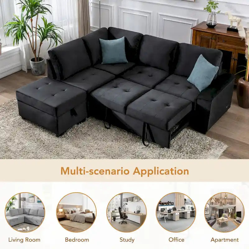 Canapé d'angle convertible 5 places en forme de L de 84,75 pouces avec pouf de rangement, rangement dissimulé dans les accoudoirs et port USB pour le salon