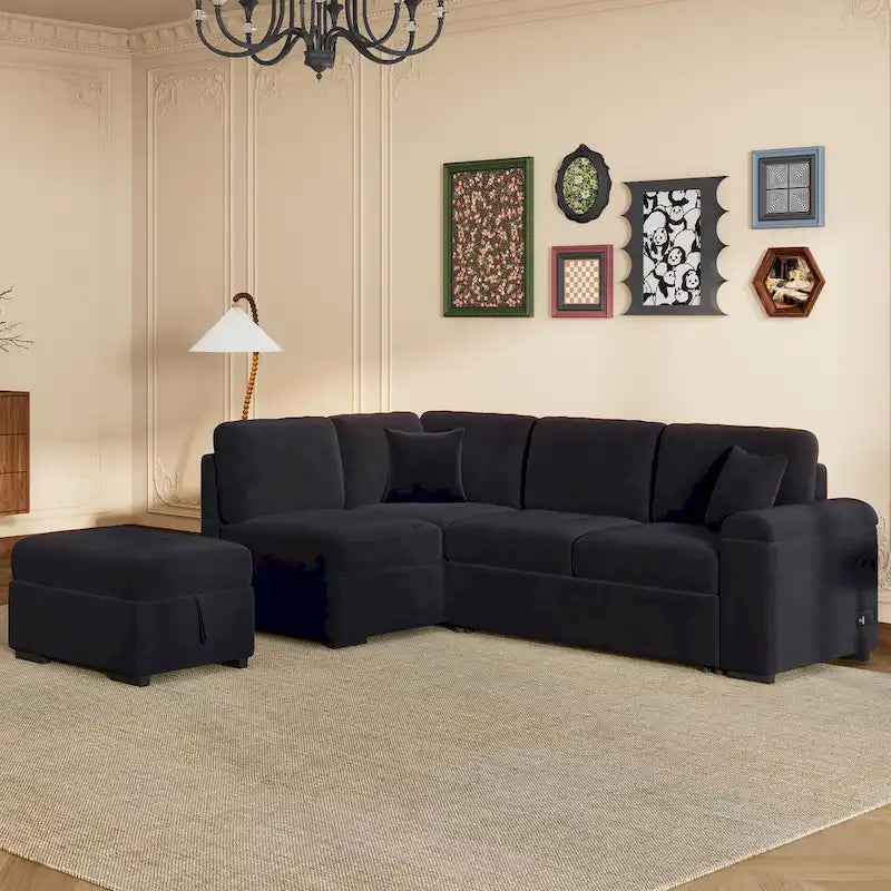 Canapé d'angle convertible 5 places en forme de L de 84,75 pouces avec pouf de rangement, rangement dissimulé dans les accoudoirs et port USB pour le salon