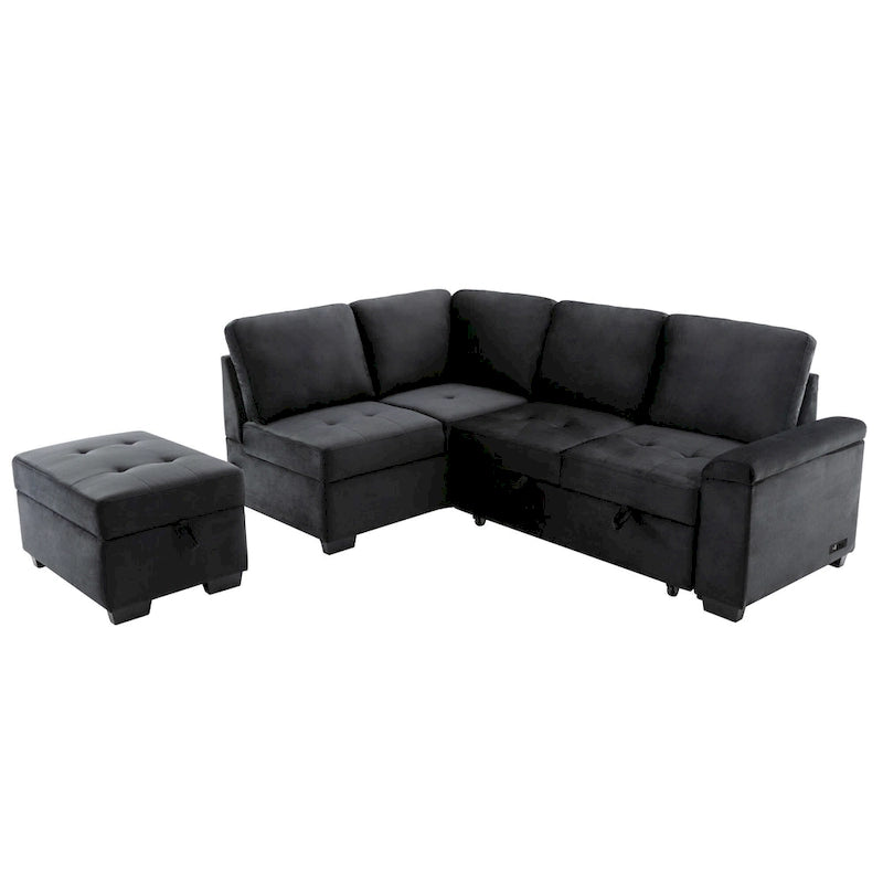 Canapé d'angle convertible 5 places en forme de L de 84,75 pouces avec pouf de rangement, rangement dissimulé dans les accoudoirs et port USB pour le salon