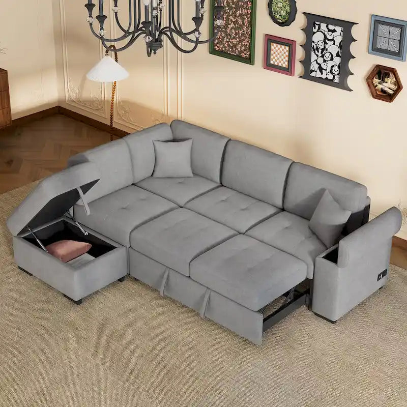 Canapé d'angle convertible 5 places en forme de L de 84,75 pouces avec pouf de rangement, rangement dissimulé dans les accoudoirs et port USB pour le salon