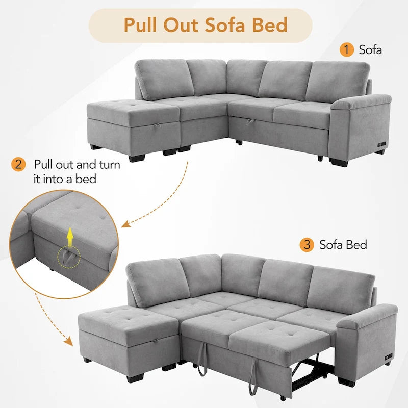 Canapé d'angle convertible 5 places en forme de L de 84,75 pouces avec pouf de rangement, rangement dissimulé dans les accoudoirs et port USB pour le salon