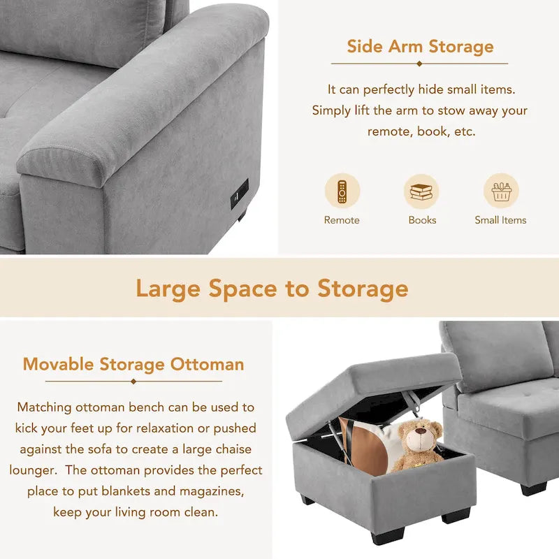 Canapé d'angle convertible 5 places en forme de L de 84,75 pouces avec pouf de rangement, rangement dissimulé dans les accoudoirs et port USB pour le salon