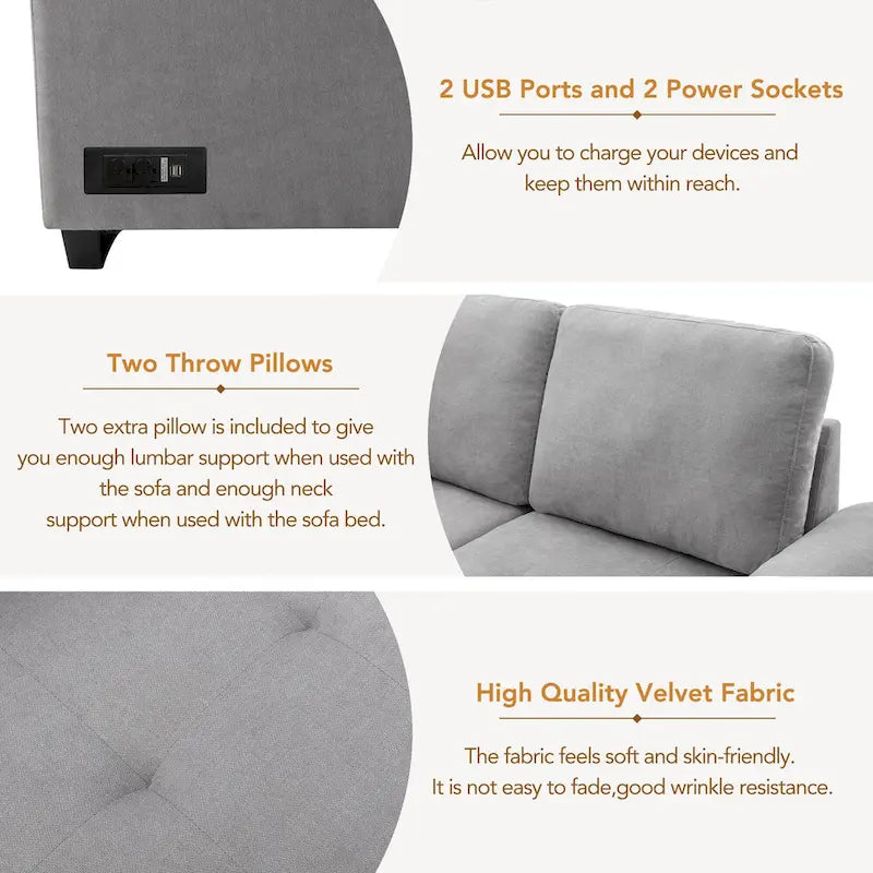 Canapé d'angle convertible 5 places en forme de L de 84,75 pouces avec pouf de rangement, rangement dissimulé dans les accoudoirs et port USB pour le salon