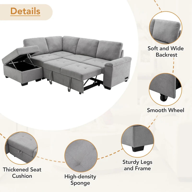 Canapé d'angle convertible 5 places en forme de L de 84,75 pouces avec pouf de rangement, rangement dissimulé dans les accoudoirs et port USB pour le salon