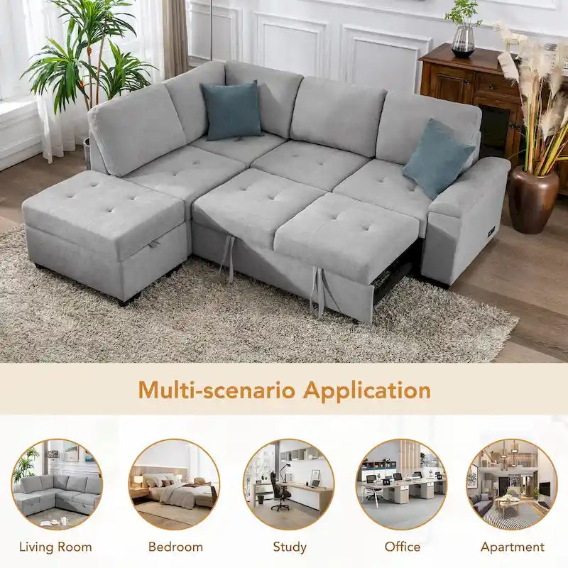 Canapé d'angle convertible 5 places en forme de L de 84,75 pouces avec pouf de rangement, rangement dissimulé dans les accoudoirs et port USB pour le salon