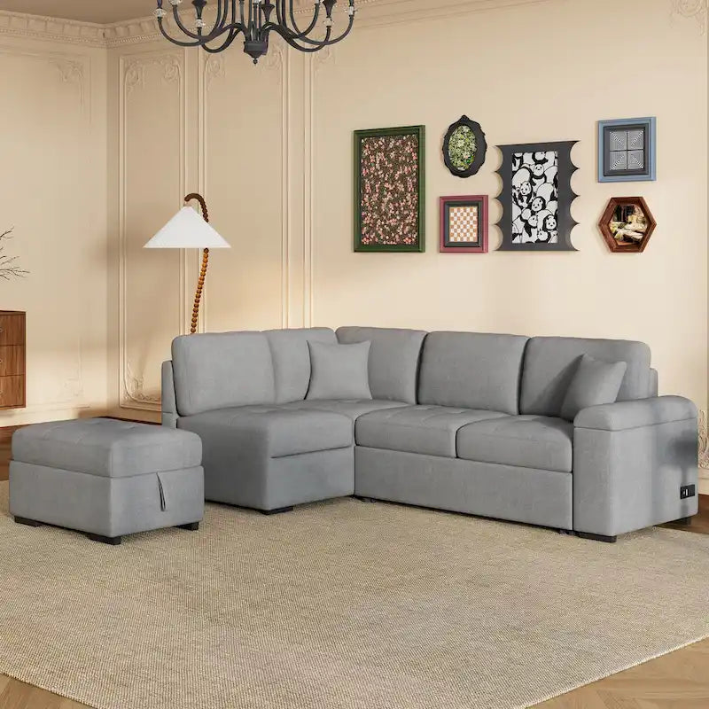 Canapé d'angle convertible 5 places en forme de L de 84,75 pouces avec pouf de rangement, rangement dissimulé dans les accoudoirs et port USB pour le salon