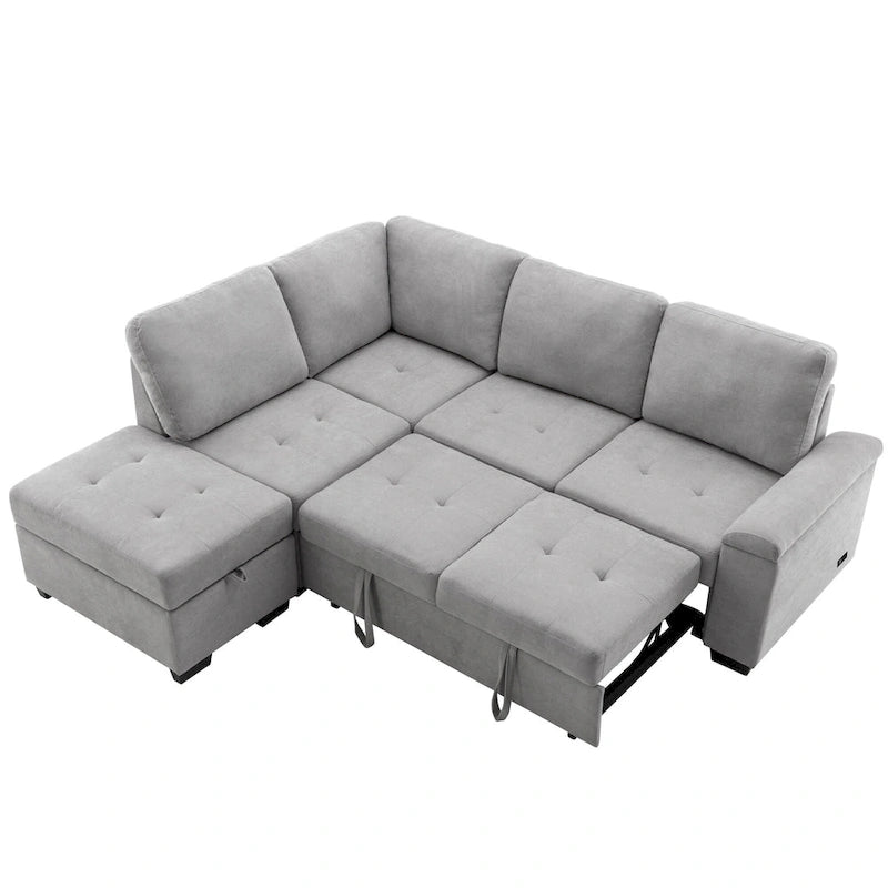 Canapé d'angle convertible 5 places en forme de L de 84,75 pouces avec pouf de rangement, rangement dissimulé dans les accoudoirs et port USB pour le salon