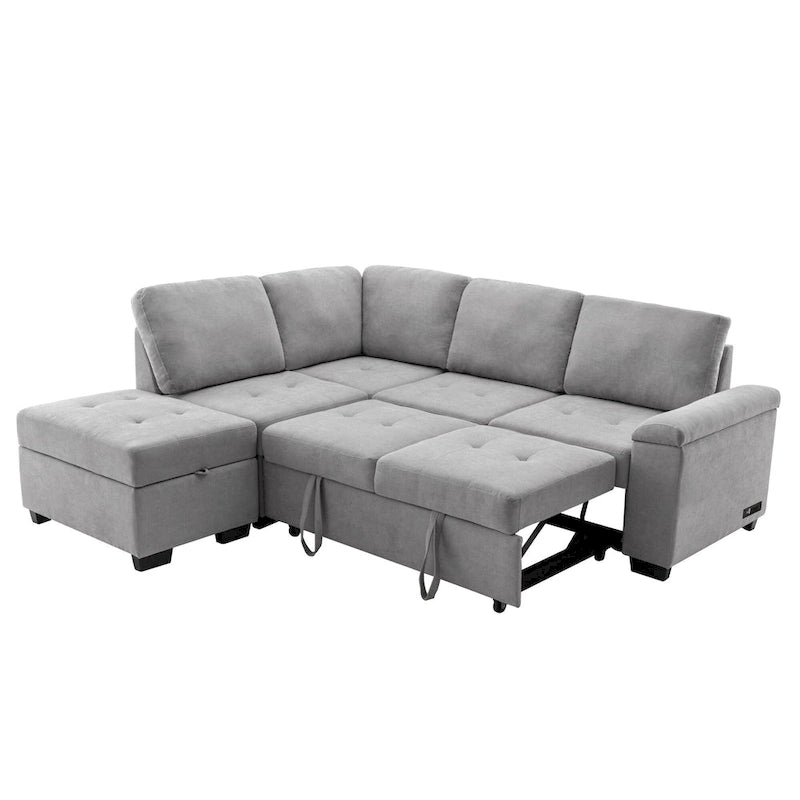 Canapé d'angle convertible 5 places en forme de L de 84,75 pouces avec pouf de rangement, rangement dissimulé dans les accoudoirs et port USB pour le salon