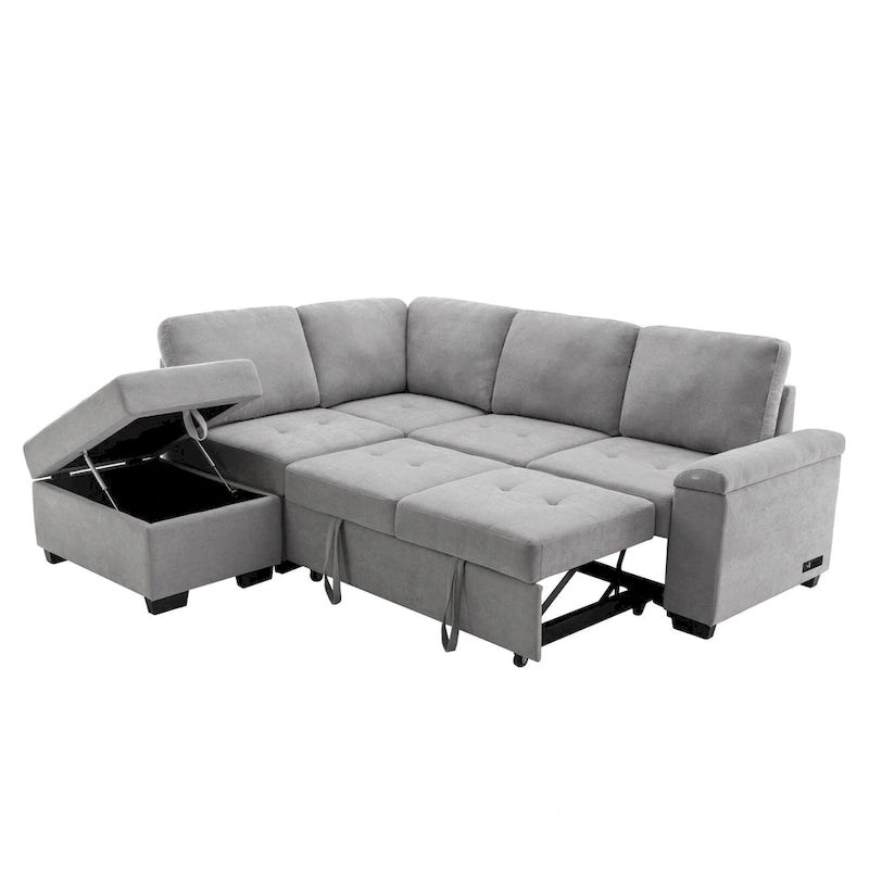 Canapé d'angle convertible 5 places en forme de L de 84,75 pouces avec pouf de rangement, rangement dissimulé dans les accoudoirs et port USB pour le salon